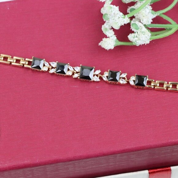 Elegant Rose Gold Bracelet with Black Square Stones and Sparkling CZ, XPBL0708 - Picture 11 of 12